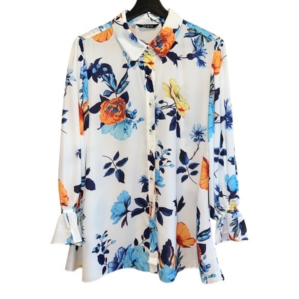 IMAN Womens Floral Print Long Sleeve Button Up Blouse Top‎ MP W/Flaw